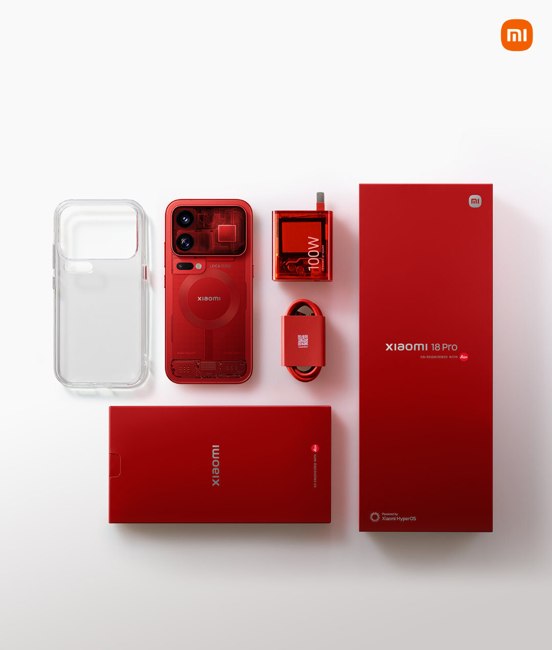 Xiaomi 18 Pro transparentná edícia – balenie s červenou nabíjačkou