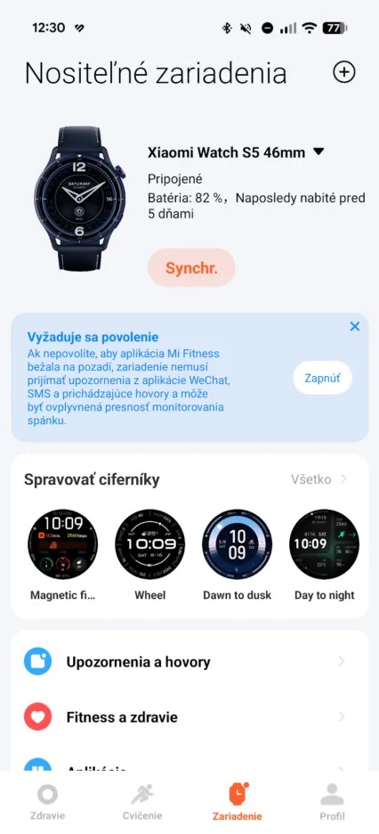Mi Fitness: záložka Zariadenie