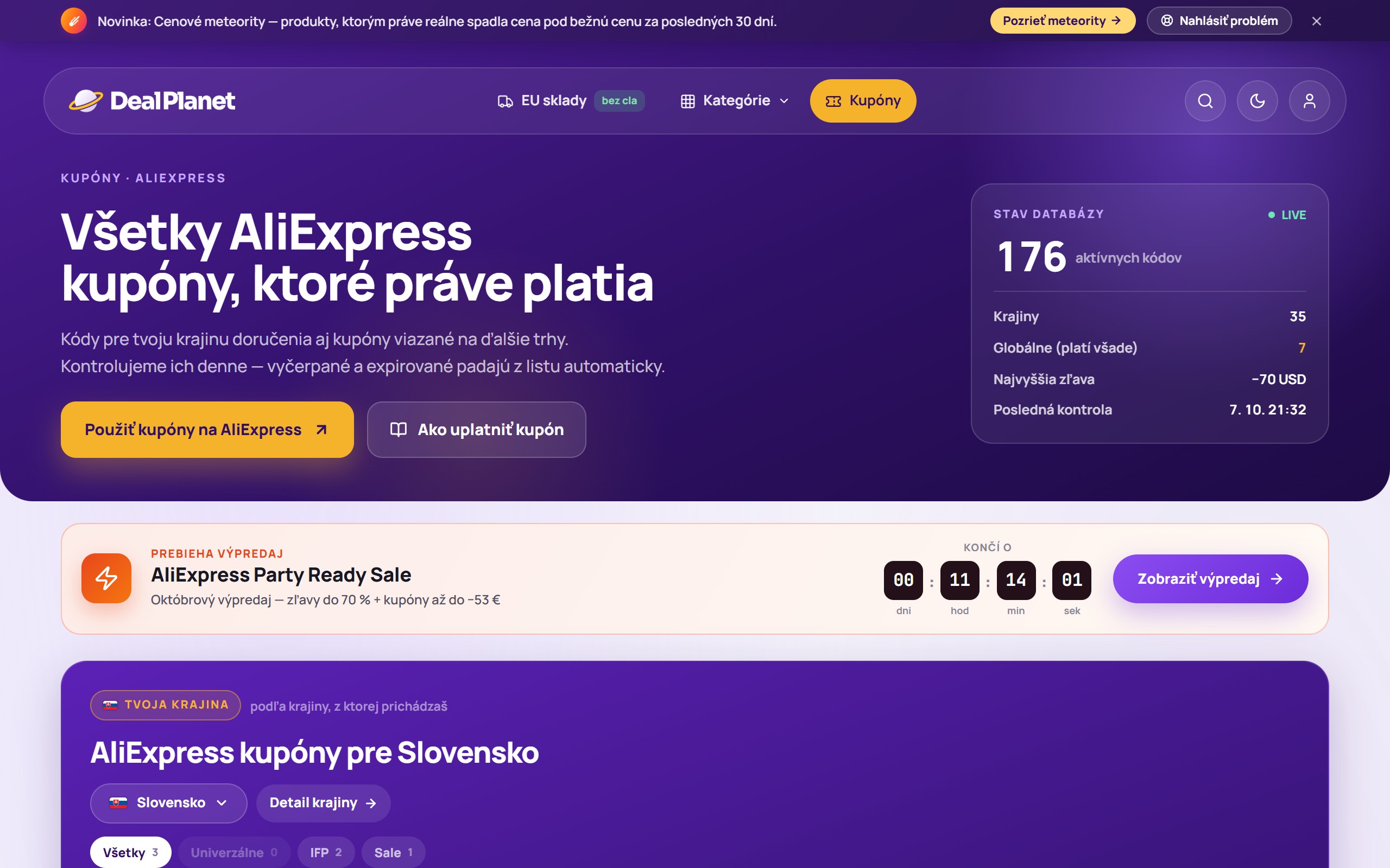 Kupónová sekcia Deal Planet pre Slovensko
