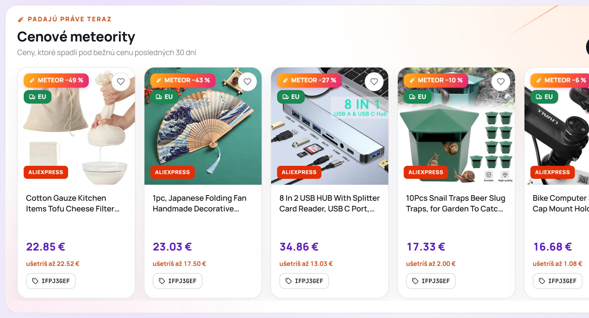 Pás Cenové meteority na hlavnej stránke Deal Planet