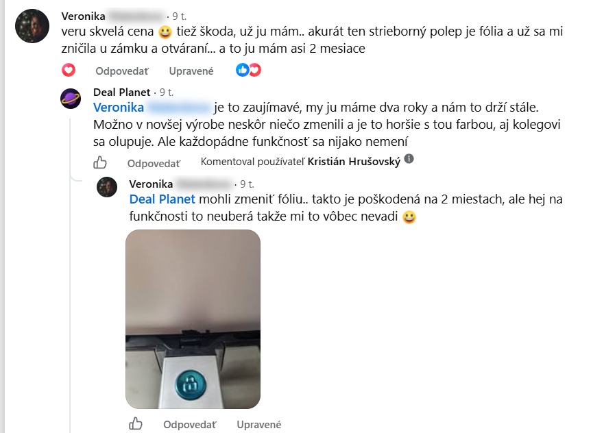Skúsenosť členky Veroniky s olupujúcou sa fóliou na fritéze Rouny T3