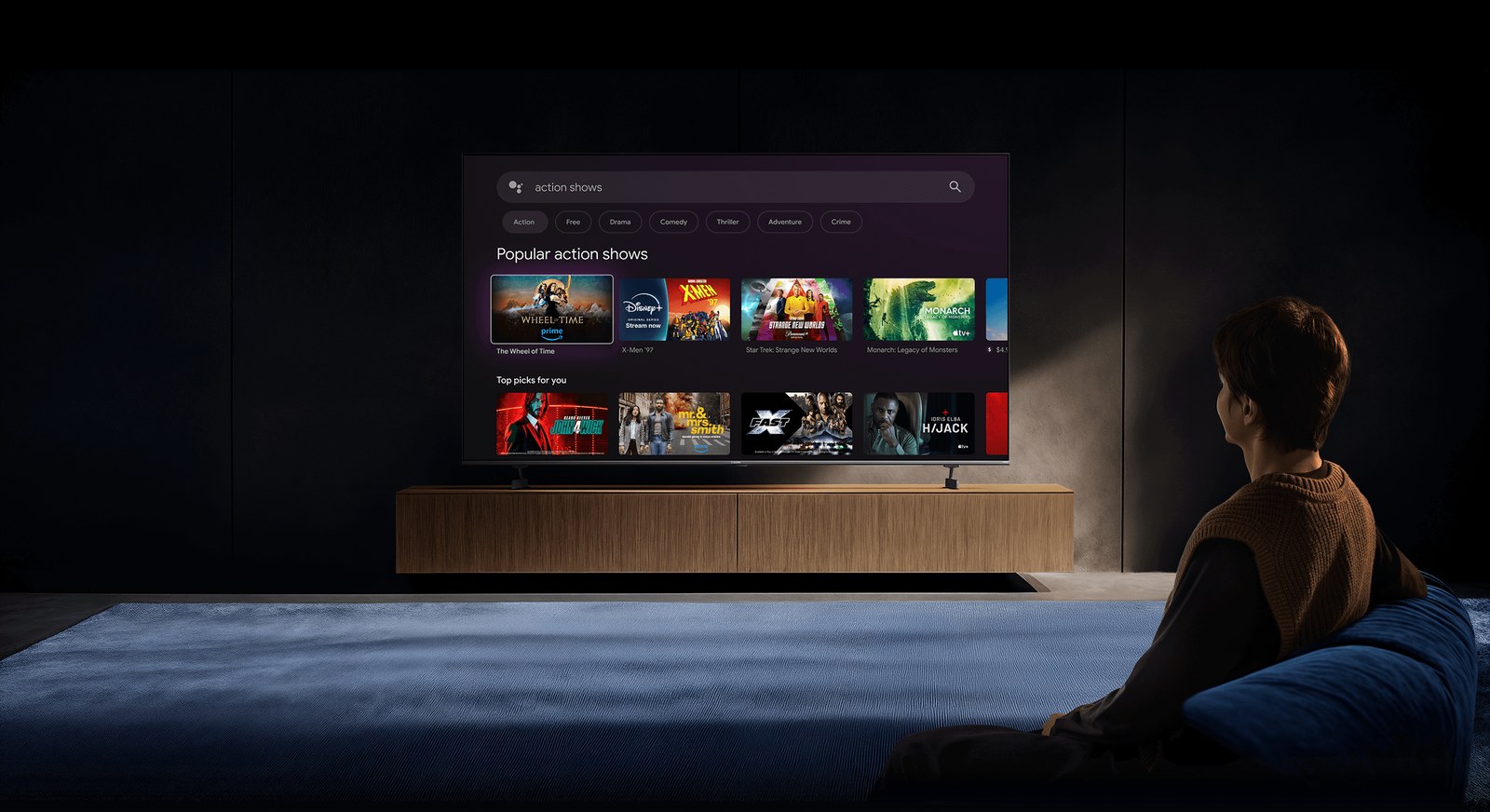Xiaomi TV S Pro Mini LED 65 2026 s Google TV v tmavej obývačke